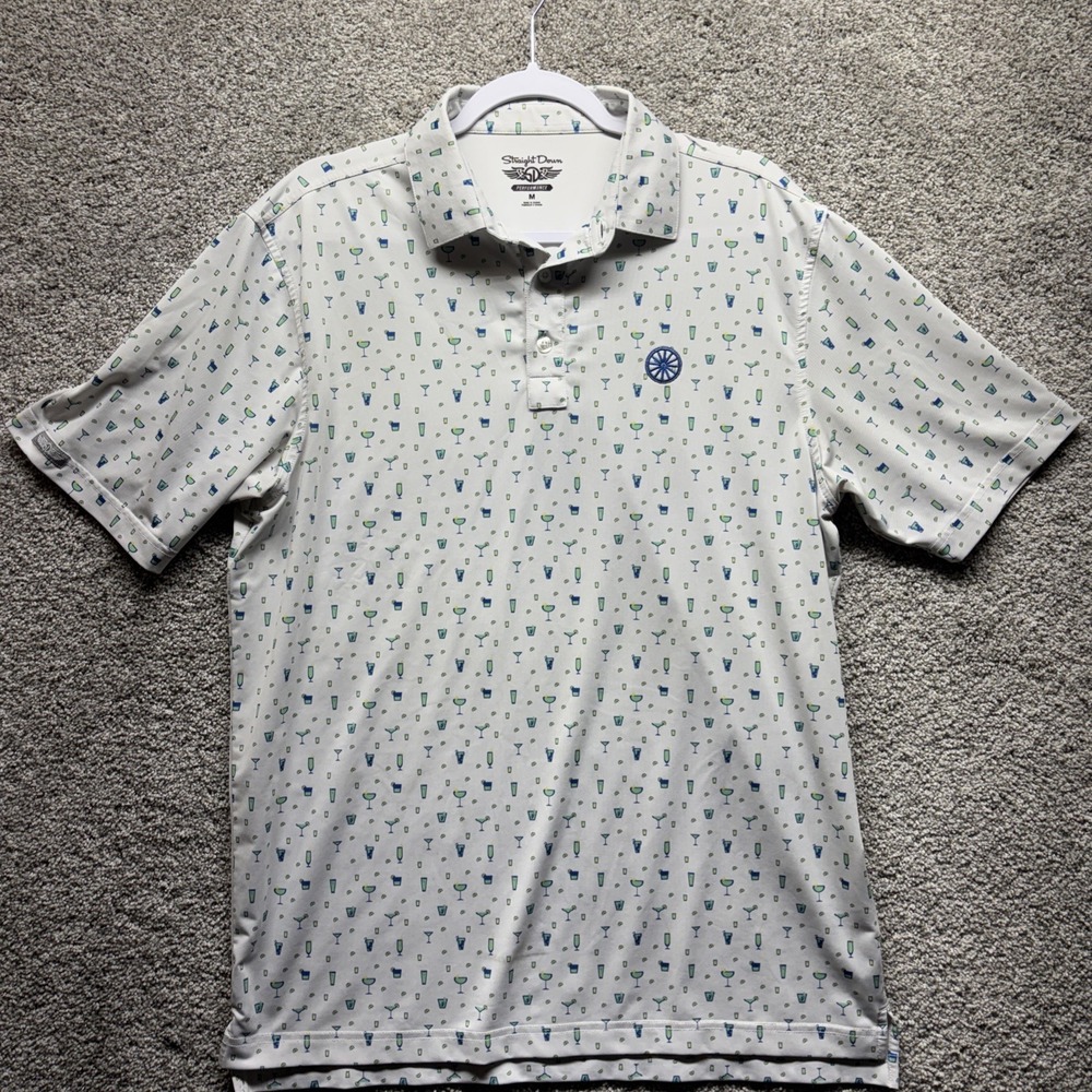 Straight Down Golf Polo Shirt Men MEDIUM White Cocktail Martini Logo Drinks EUC